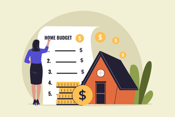 Woman Managing Home Budget with Financial List Illustration. Vector Flat Illustration