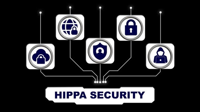 Abstract cyber security data protection business technology privacy concept. select the icon HIPPA Security on the black background.4k video.