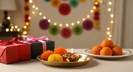 Festive scene with gifts, sweets, and a lit diya for raksha bandhan, a significant indian festival