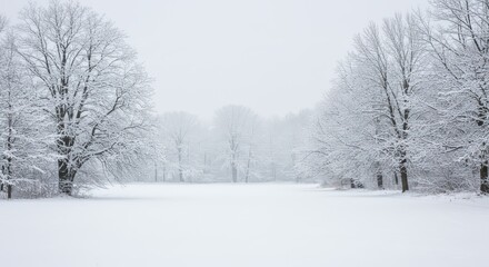 Obraz premium A silent, snow-covered landscape in winter, with bare trees and a peaceful, untouched blanket of white.