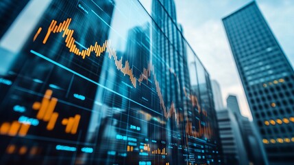 Financial data displayed on a large screen reflecting city skyscrapers