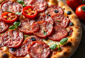 Close-up of sliced salami pizza with fresh tomatoes,  appetizing,  baked