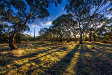 Fototapeta premium Sunlight filters through trees, casting long shadows on a grassy field. A wind turbine stands in the background