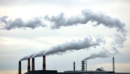 Dark smoke billowing from industrial plant stacks against overcast sky,  carbon footprint,  sustainability