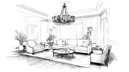 Interior sketch of a living room with a chandelier