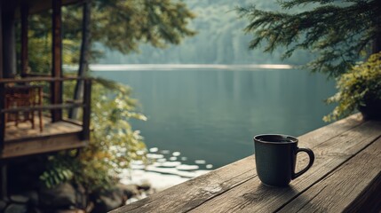 Fototapeta premium Coffee on Deck, Lakeside Cabin, Morning Relaxation