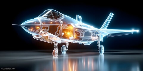 A digital wireframe hologram of a fighter jet on a dark tarmac, glowing blue with detailed lines, showcasing modern aerospace design	