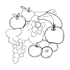 Black and white illustration of a colorful fruit arrangement