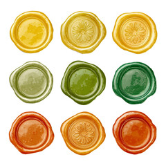 eight colorful wax seals in yellow. green. and orange on a transparent background