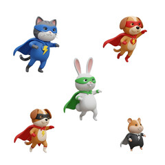 Naklejka premium Cute superhero animal team 3D cartoon characters set PNG