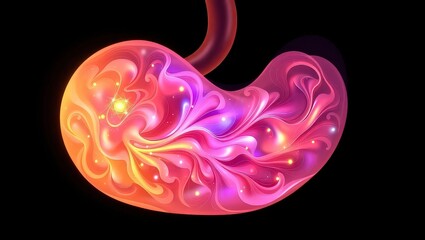 Obraz premium An illustration of a human stomach with abstract pink and orange patterns inside on black background