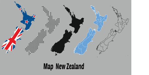 New zealand map in various style outline, black, blue, and dotted,New Zealand detailed map with flag of country. vectoe illustration