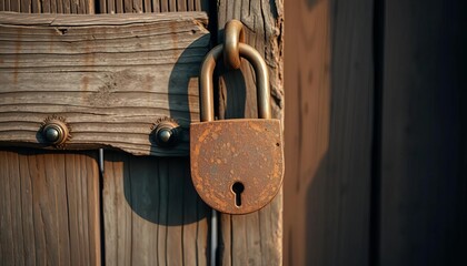 Rusty padlock secures a vintage gate, old wood fence, locked door ,   farm,  padlock