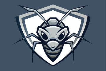 A bold ant mascot displays strength and resilience over an abstract shield backdrop