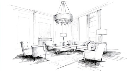 Interior design sketch of a living room