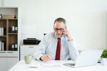Senior businessman talking on smartphone while reviewing finance documents at modern office desk with laptop, multitasking on planning, communication, and business strategy.
