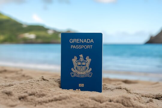 Grenada Passport on Sandy Beach with Ocean and Hills Background travel document passport book