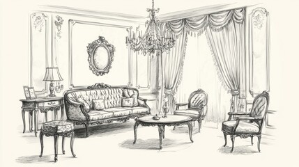 Elegant vintage living room interior in retro sketch style with classic furniture, chandelier and curtains