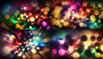 Collection of vibrant, abstract designs, featuring circular bokeh effects in a grid layout.  The images showcase dynamic movement and a mix of colors.