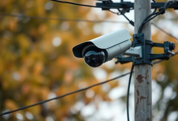 Sleek CCTV camera mounted on an electricity pole against a softly blurred natural backdrop,  urban,  public safety