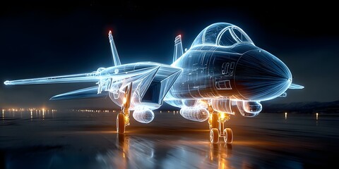 A digital wireframe hologram of a fighter jet on a dark tarmac, glowing blue with detailed lines, showcasing modern aerospace design	
