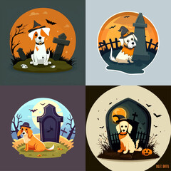 Four cartoon dog illustrations, dressed in witch hats, set against Halloween scenes, featuring gravestones and pumpkins.