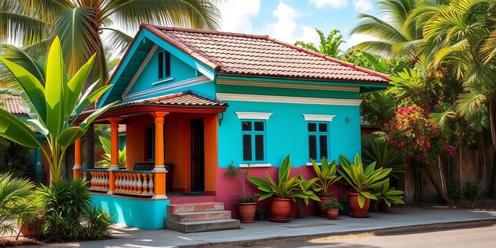 Traditional Cuban house, vibrant colors, lush tropical landscape,   home,   plants