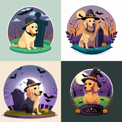 Four cartoon golden retrievers, dressed in witch hats, and sitting around halloween-themed tombstones and pumpkins, in a night scene.