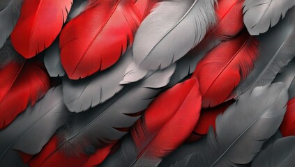 Elegant display of red and gray feathers creating a textured background