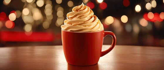 A red mug filled with a frothy beverage sits on a wooden table, with a blurred background of lights.