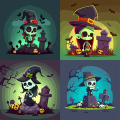Four cartoon illustrations of Halloween characters, dressed as witches and skeletons, positioned in various graveyard scenes.