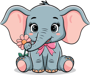 Obraz premium Cute Baby Elephant with Flower. Adorable Elephant Calf Illustration. Sweet Elephant with Bow Tie and Blossom. Baby Elephant with Daisy Drawing. Cartoon Elephant Holding Pink Flower