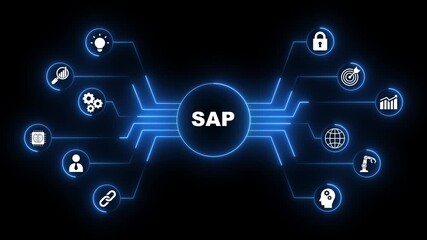 Glowing Neon Line SAP System Software Automation concept on virtual screen data center. Business, modern technology, internet and networking concept.4k video motion graphic animation