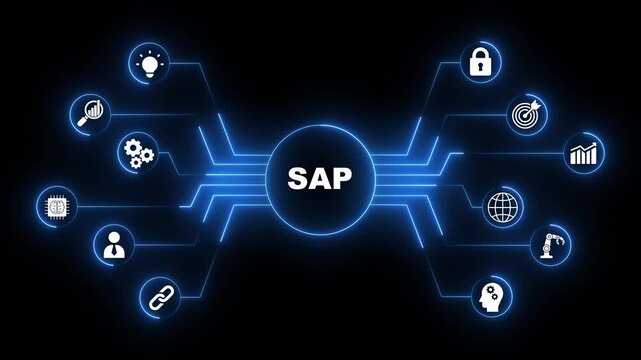 Glowing Neon Line SAP System Software Automation concept on virtual screen data center. Business, modern technology, internet and networking concept.4k video motion graphic animation