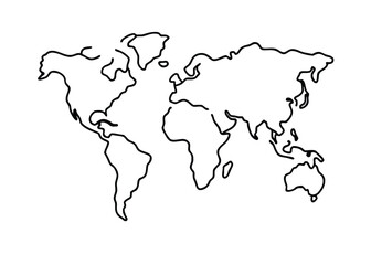 Minimalist hand drawn outline world map design with global cartography elements