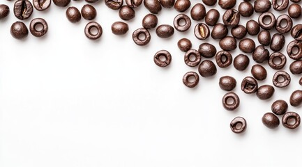 Roasted coffee beans scattered on white background