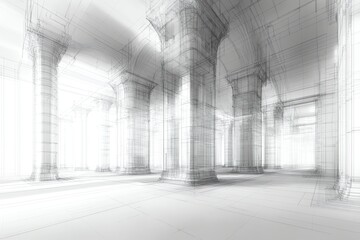 Architectural Blueprint of Large Classical Interior with Columns and Arches in Monochrome Style