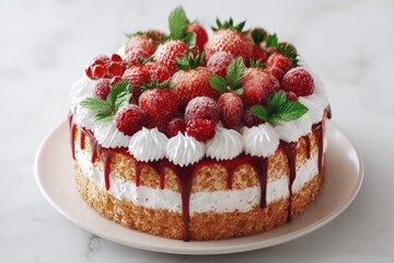 Layered cake, topped with fresh berries and mint