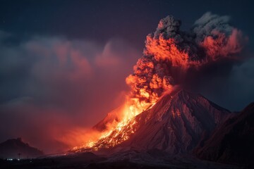 Fototapeta premium Erupting Volcano at Night, Fiery Mountain, Dramatic Sky