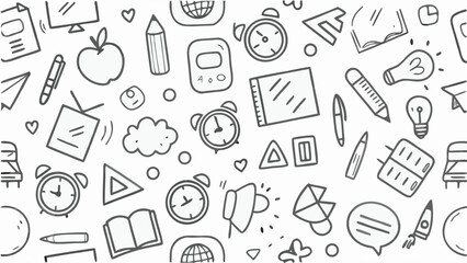 Doodle style education themed background with alarm clocks books and stationery vector illustration