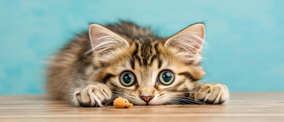A curious kitten with wide green eyes and a playful expression.