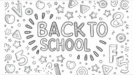 Back to school themed doodle art with stars hearts circles and numbers in black and white illustration