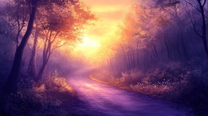 Fototapeta premium Sunrise path through a mystical forest