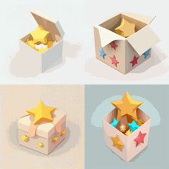 Four different gift boxes, each containing stars, showcasing a playful design with a variety of colors and textures.