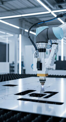 Robotic arm, industrial automation, metal cutting, precision engineering, and advanced technology in modern factory setting, showcasing innovation and efficiency in manufacturing