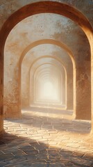 Warm Sunlit Archway Tunnel with Repeating Arches and Cobblestone Pathway in Golden Light