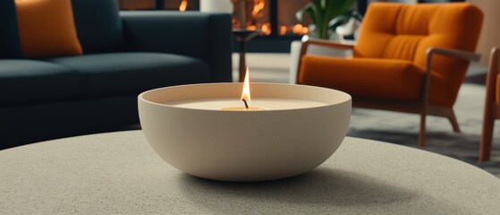 A white bowl with a candle inside sits on a table.