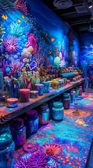 Bright Underwater Ocean Themed Art Supplies Store with Colorful Coral Reef Mural