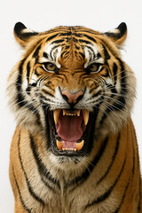 Fototapeta premium Tigre rugindo com dentes à mostra isolado em fundo branco