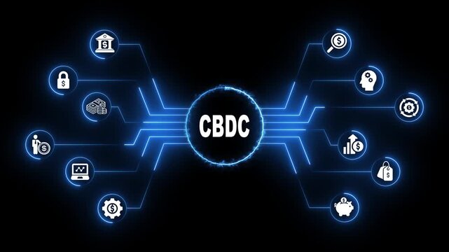 Glowing Neon Line CBDC Central Bank Digital Currency Concept.4k video motion graphic animation